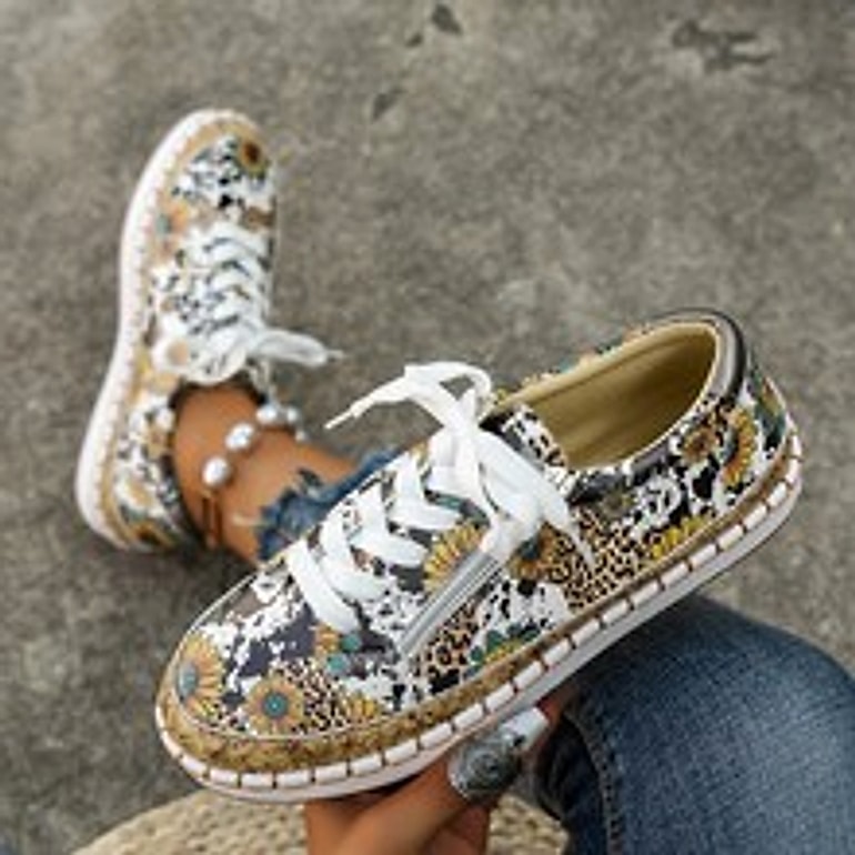 Autumn New High-top Leopard Print Flat-heeled Platform Lace Color Block Casual Women's Shoes - enhanced image 5