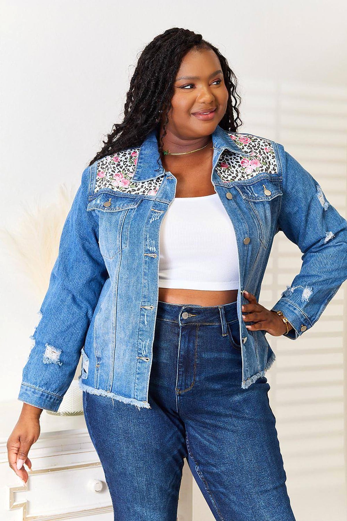 Baeful Leopard Floral Distressed Raw Hem Denim Jacket - enhanced image 5
