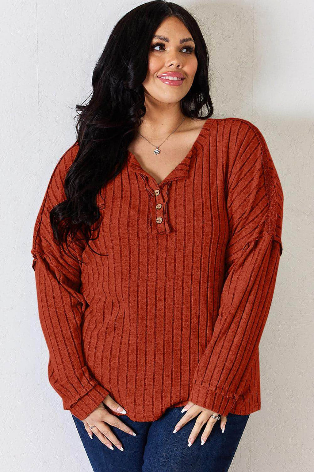Basic Bae Full Size Ribbed Half Button Long Sleeve T-Shirt - enhanced image 5