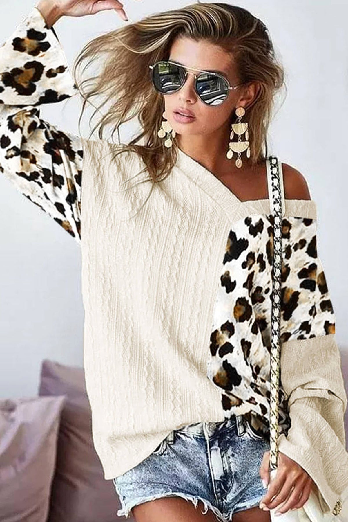 Beige Asymmetric Leopard Patchwork Wide Sleeve V Neck Sweater - enhanced image 5