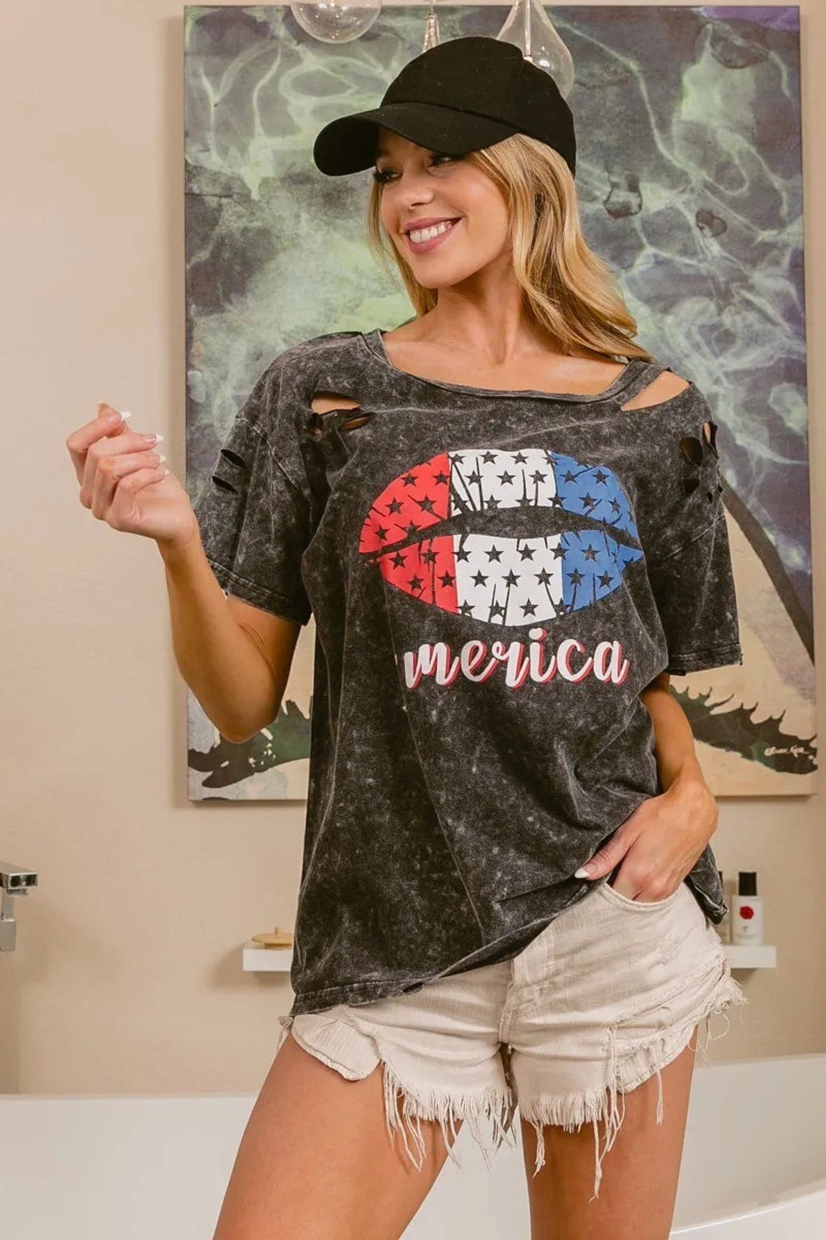 BiBi Laser Cut Mineral Washed Old Glory Lip Print Top - enhanced image 5