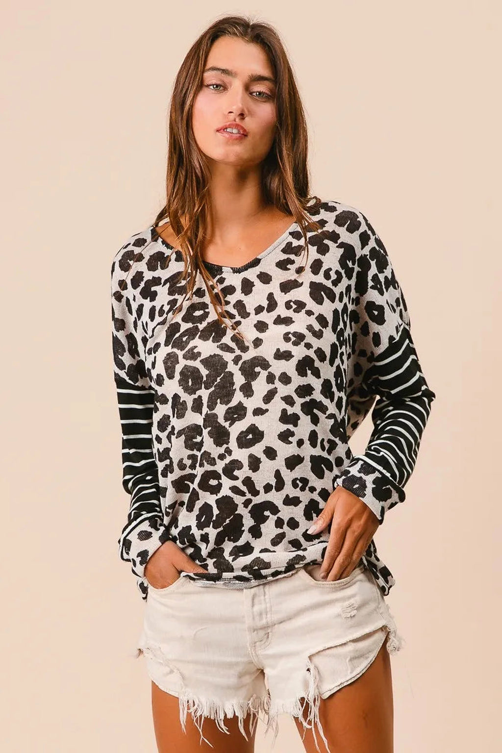 BiBi Leopard Hacci Knit Twist Back Top With Stripe Sleeve - enhanced image 5