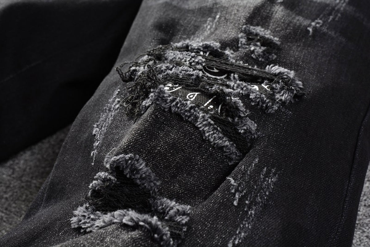Black Cashew Flower Printed Patch Torn Jeans For Men - enhanced image 5