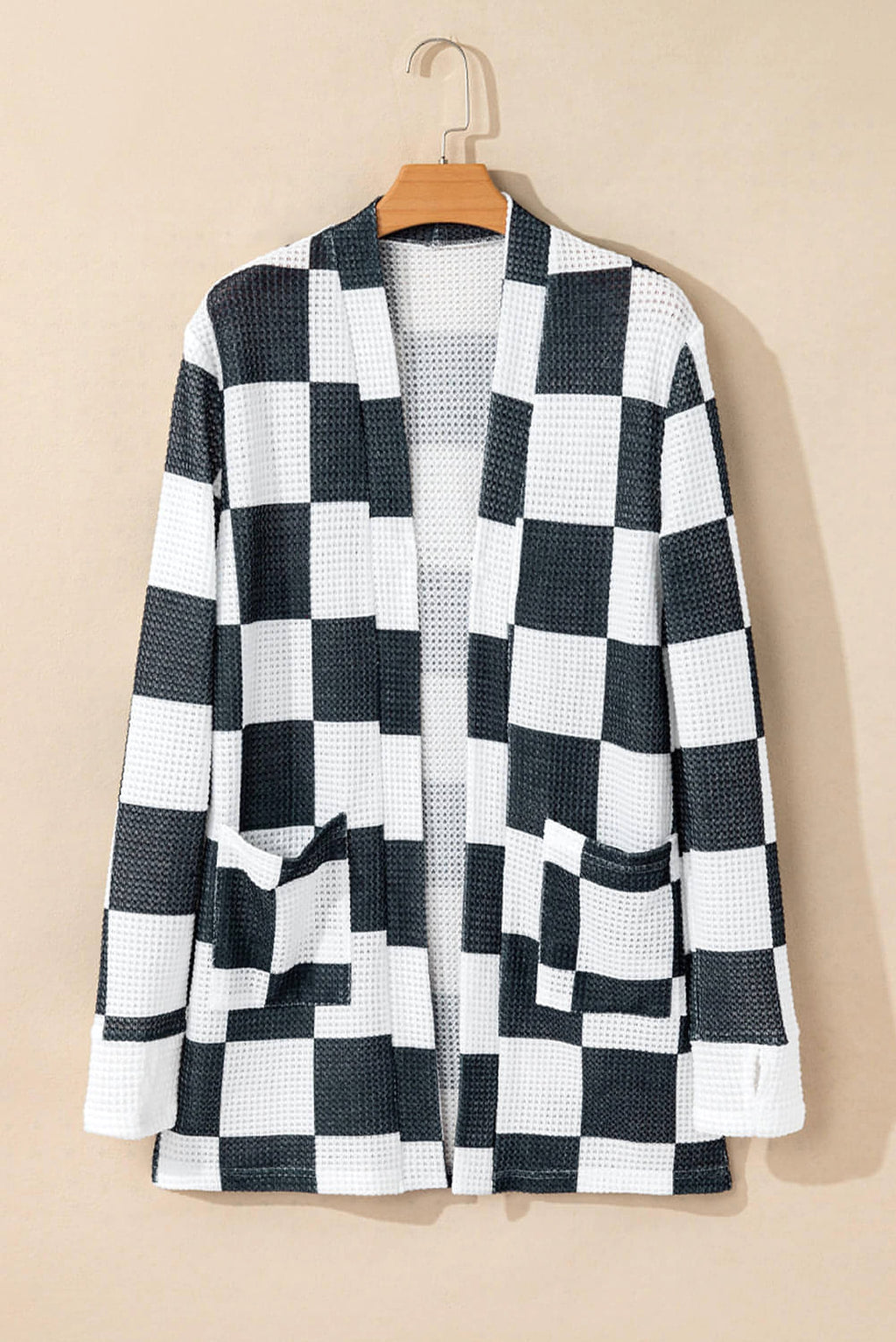 Black Checkered Waffle Knit Thumbhole Open Front Cardigan - enhanced image 5