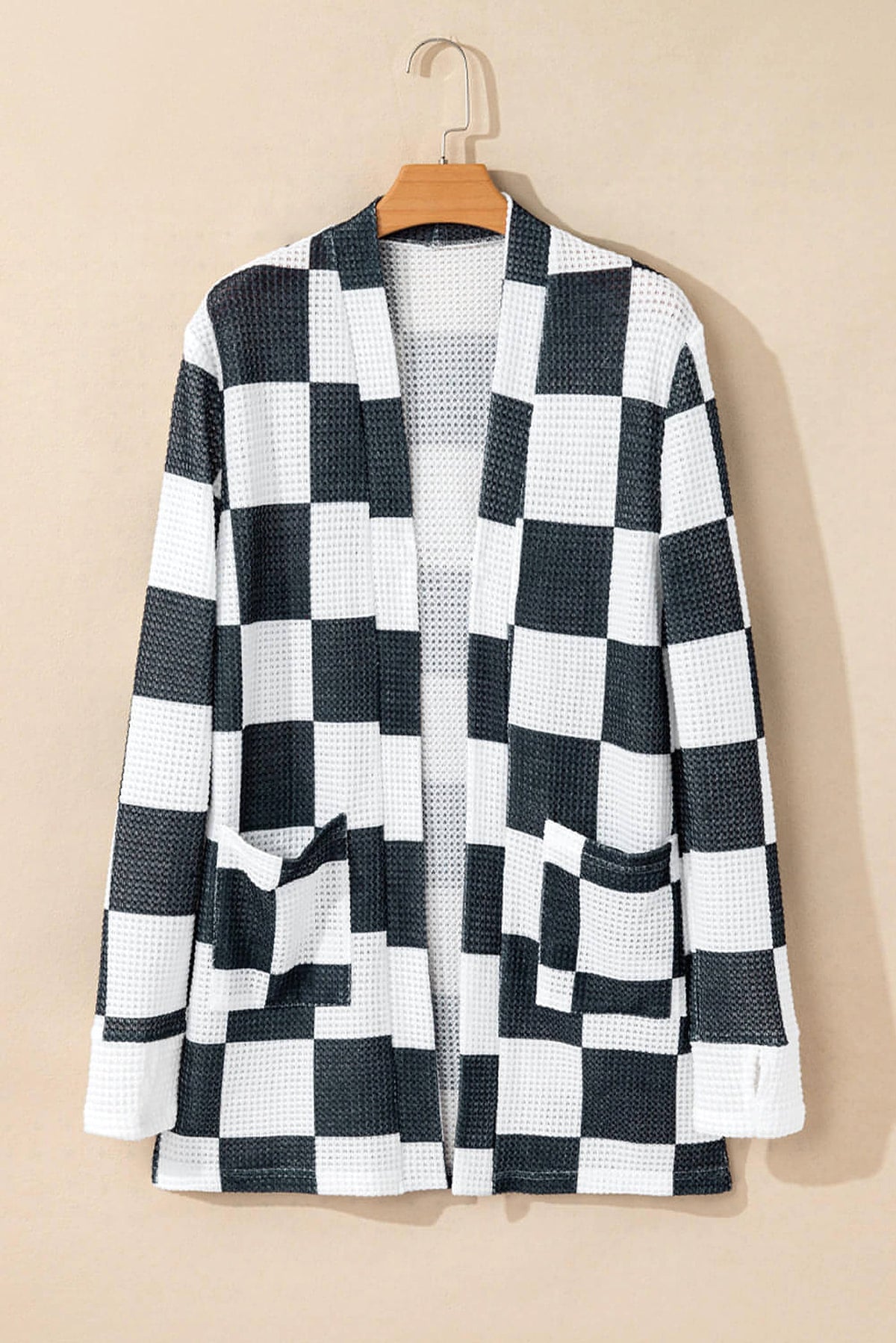Black Checkered Waffle Knit Thumbhole Open Front Cardigan - enhanced image 5