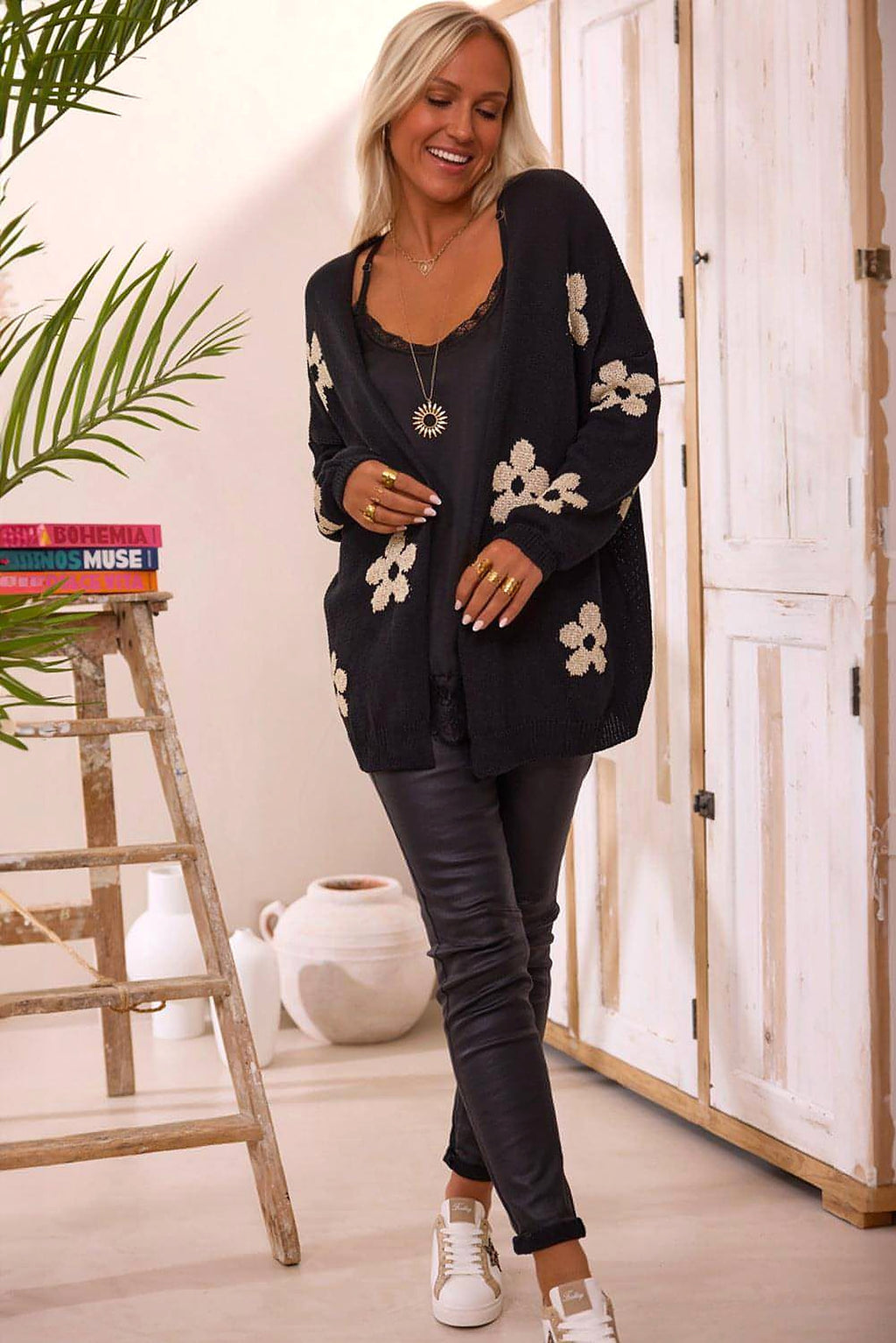 Black Floral Print Knitted Open Front Loose Cardigan - enhanced image 5