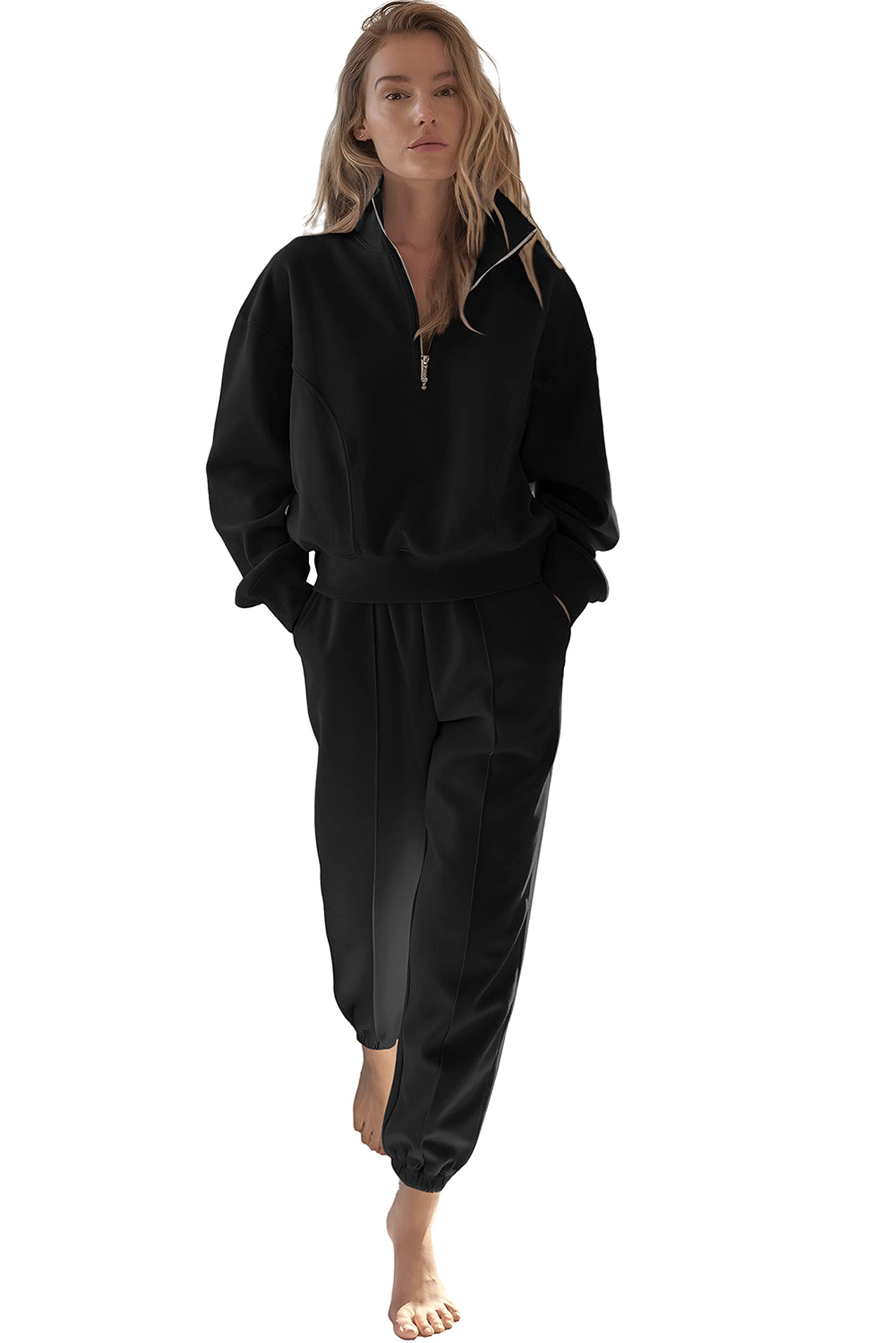 Black Half Zip up Pullover Active Top and Joggers Set - enhanced image 5