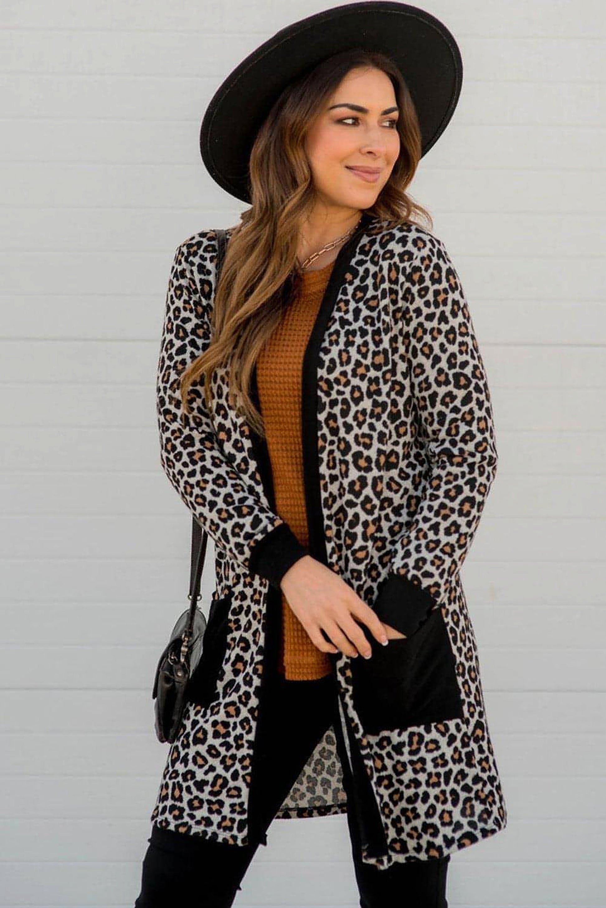 Black Leopard Patched Pocket Open Front Cardigan - enhanced image 5