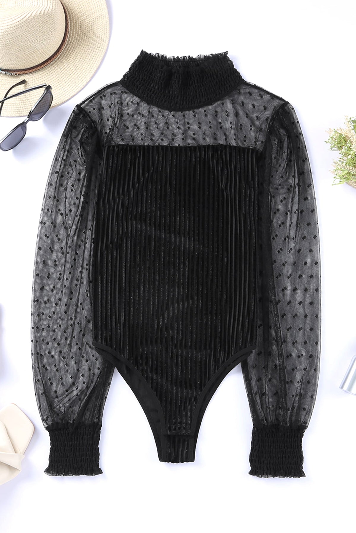 Black Sheer Dotty Long Sleeve Ribbed Velvet Bodysuit - enhanced image 5