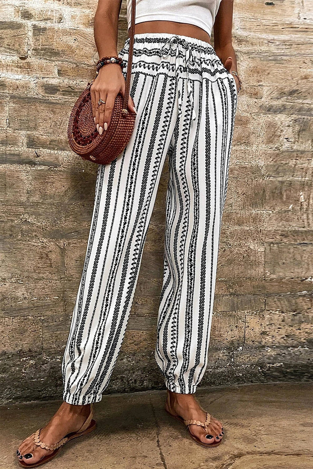 Black Stripe Boho Striped Print Casual Pants - enhanced image 5