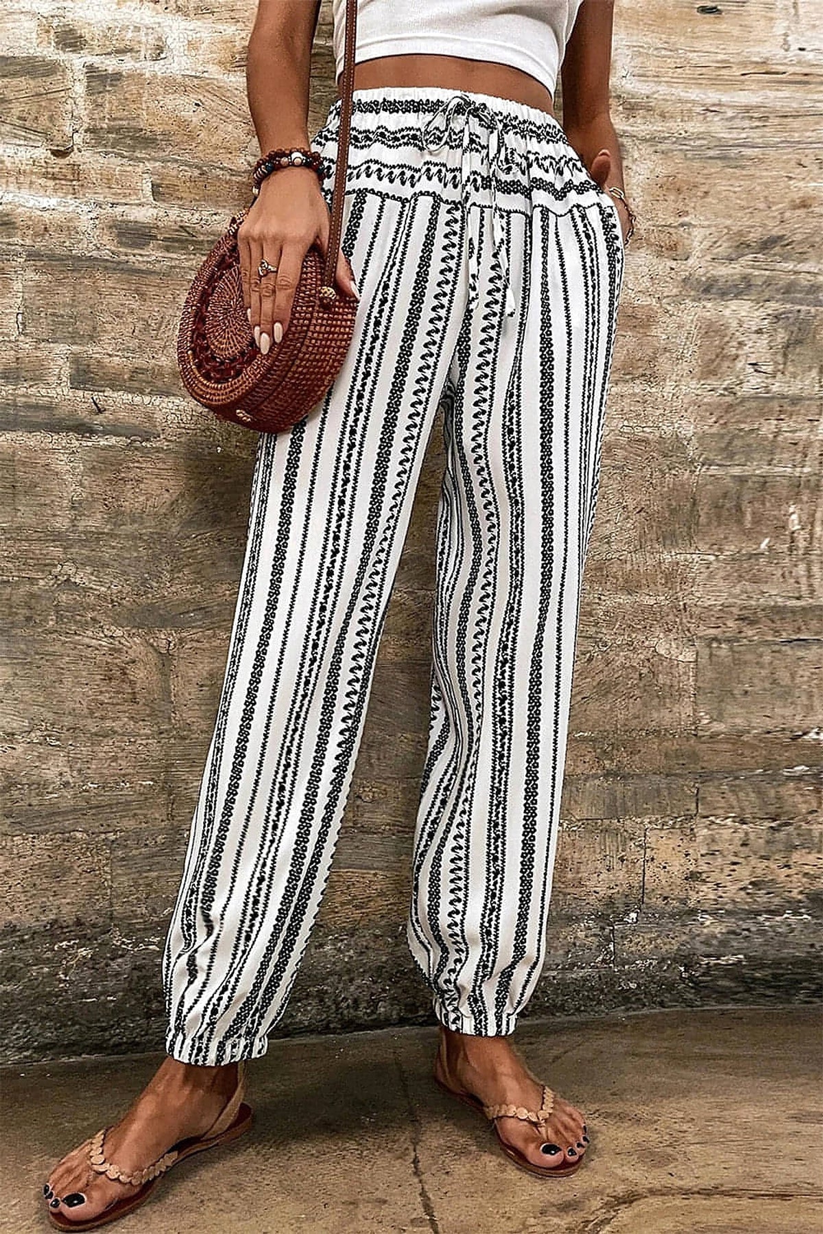 Black Stripe Boho Striped Print Casual Pants - enhanced image 5
