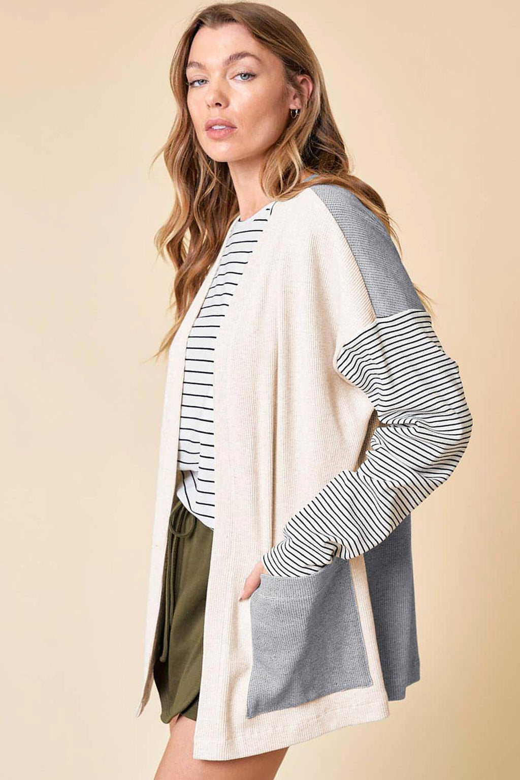 Black Stripe Colorblock Patchwork Open Front Cardigan with Pocket - enhanced image 5