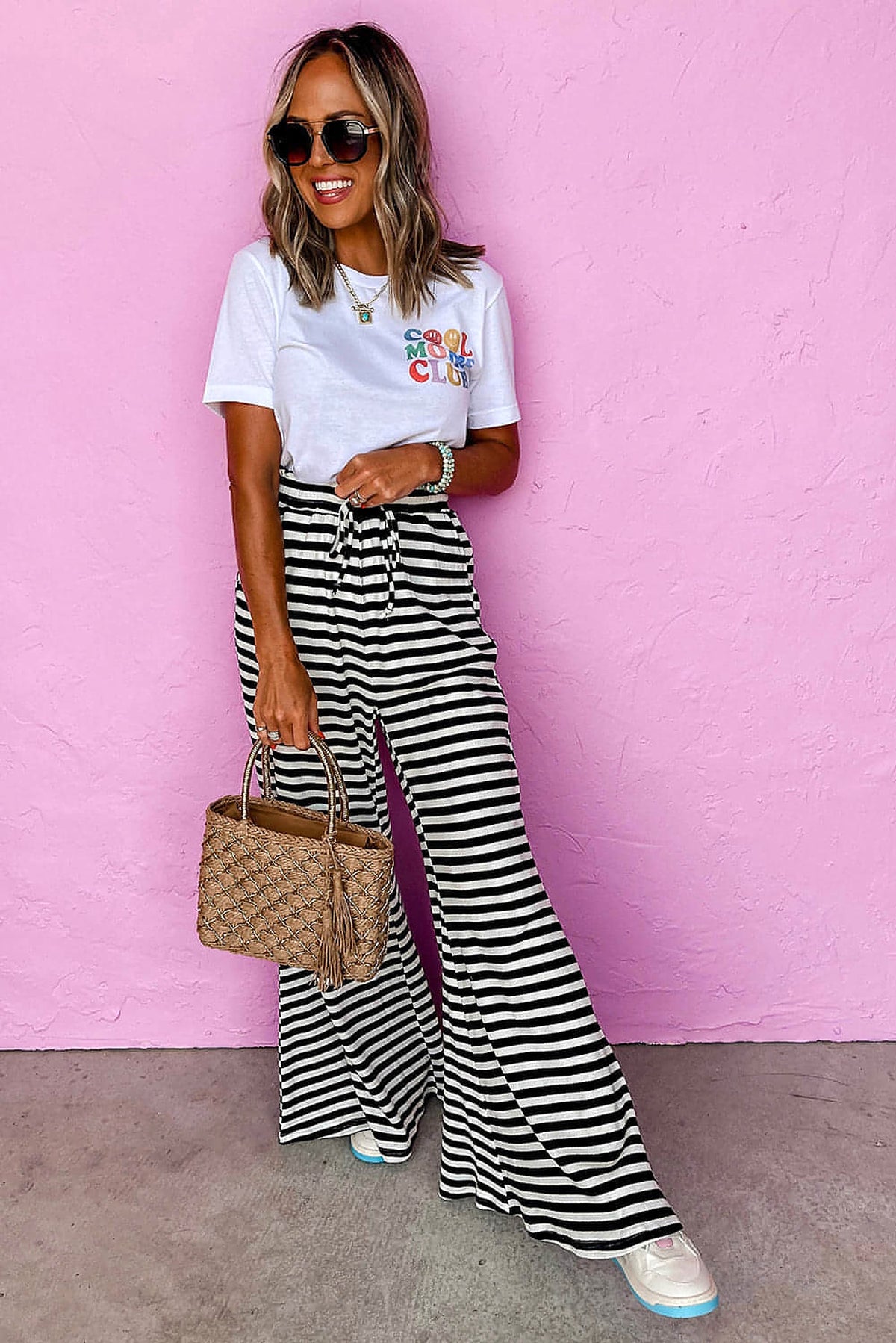 Black Stripe Lace-up Waist Casual Flared Pants - enhanced image 5