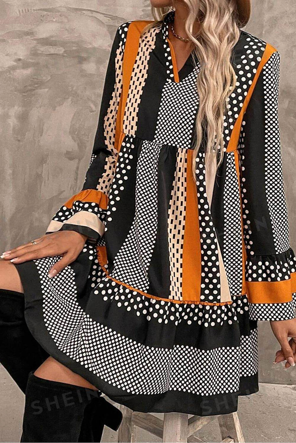 Black Striped Polka Dot Print Ruffled Hem V Neck Mini Dress - enhanced image 5