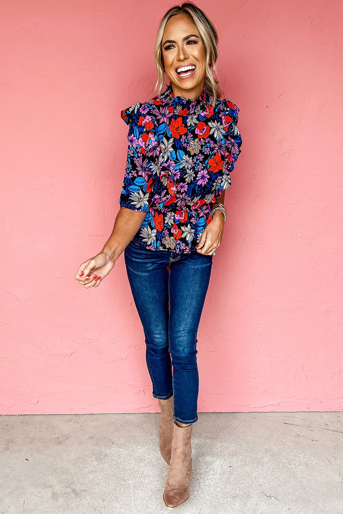Blue Floral Print Ruffle Peplum Top - enhanced image 5