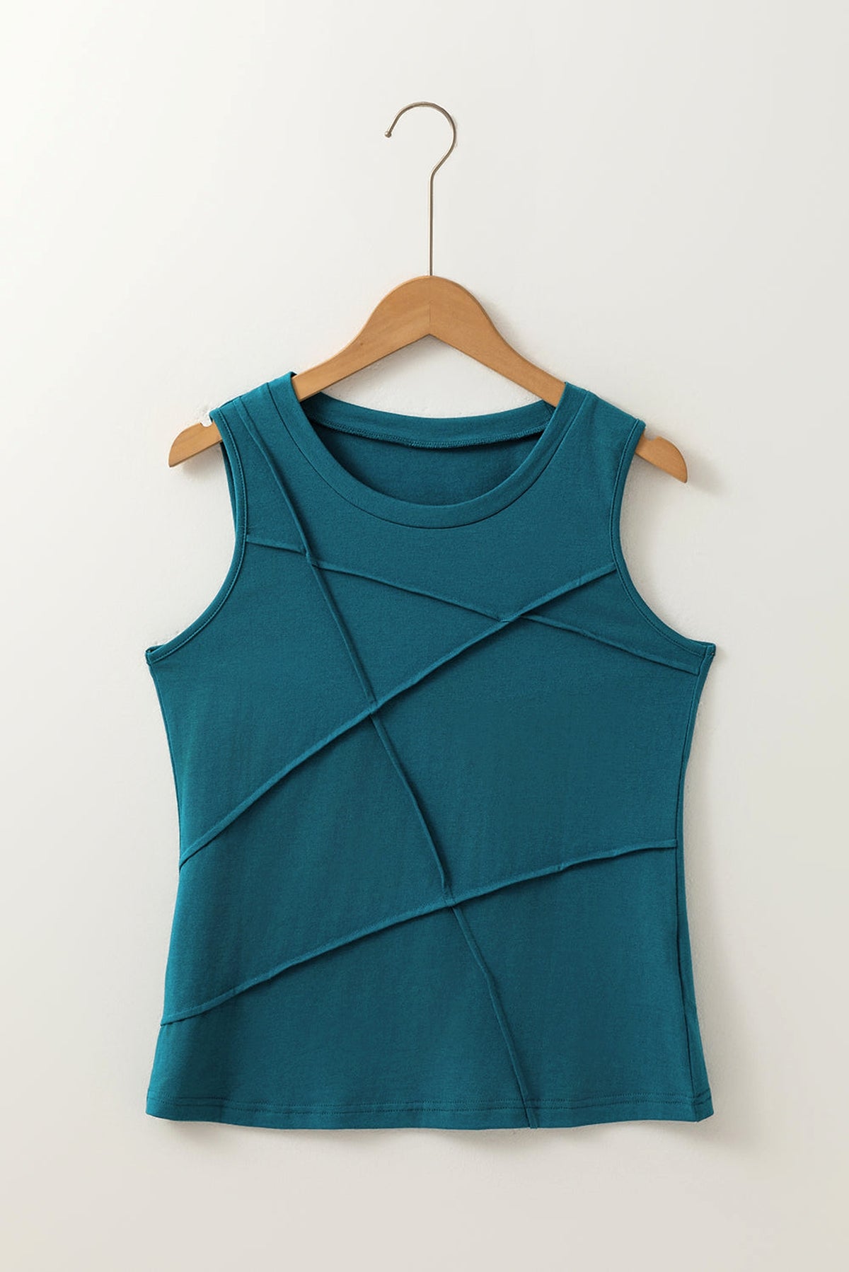 Blue Sapphire Solid Color Stitching Detail Round Neck Tank Top - enhanced image 5