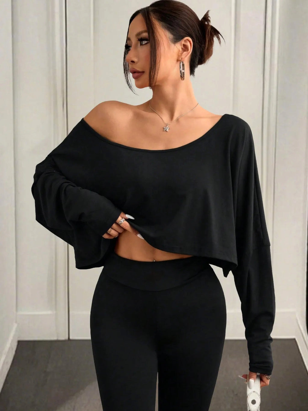 Boat Neck Long Sleeve Crop Top - enhanced image 5