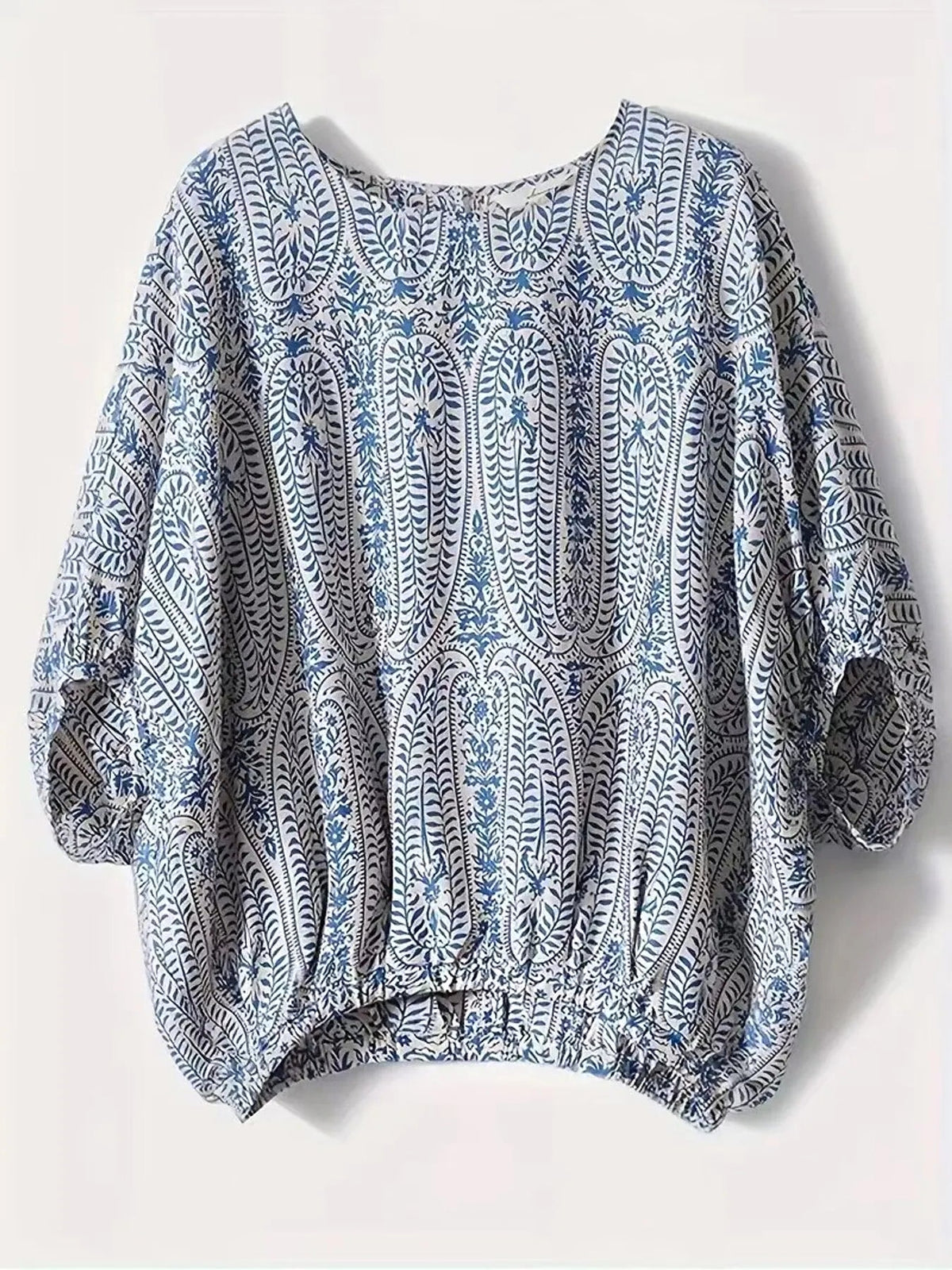 Bohemian Print Round Neck Loose Batwing Sleeve Blouse - enhanced image 5