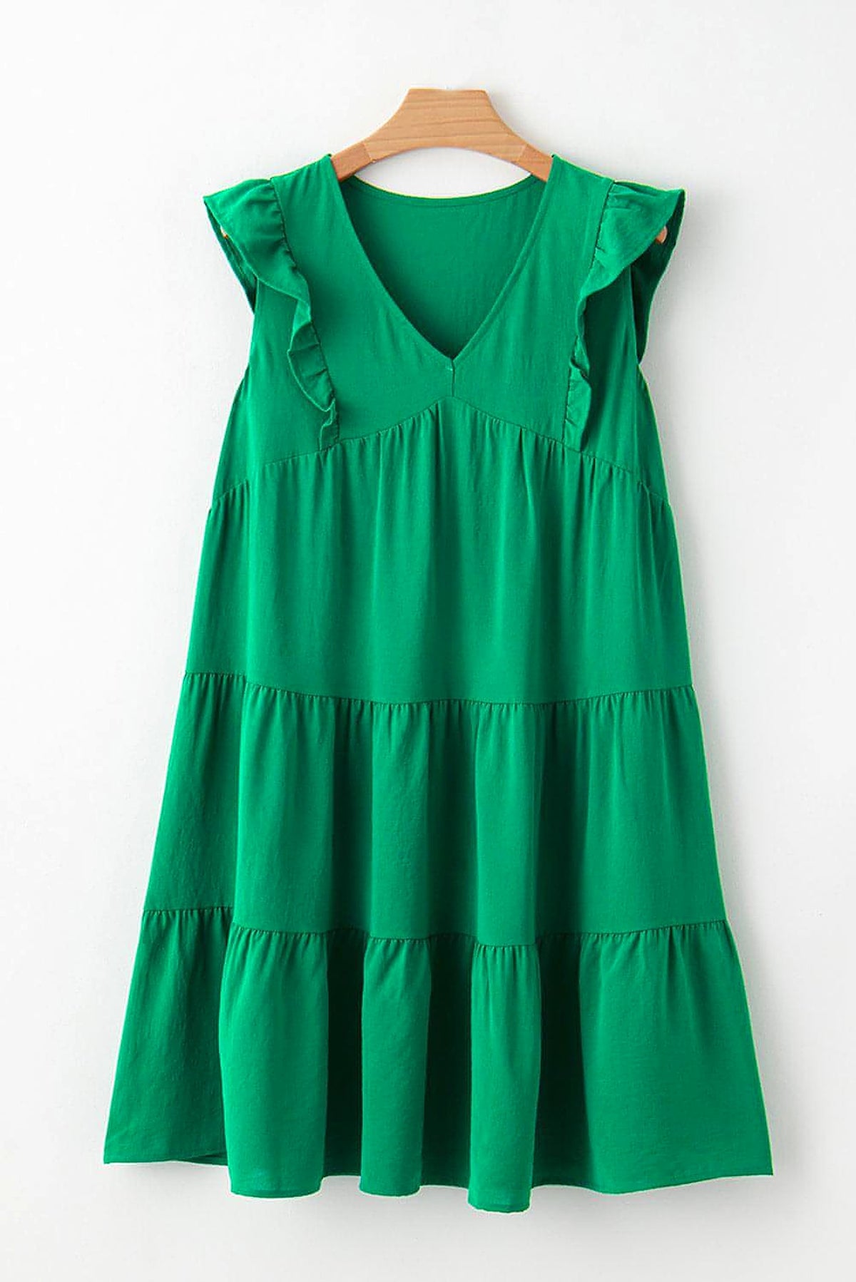 Bright Green Solid Color V Neck Ruffle Tiered Mini Dress - enhanced image 5