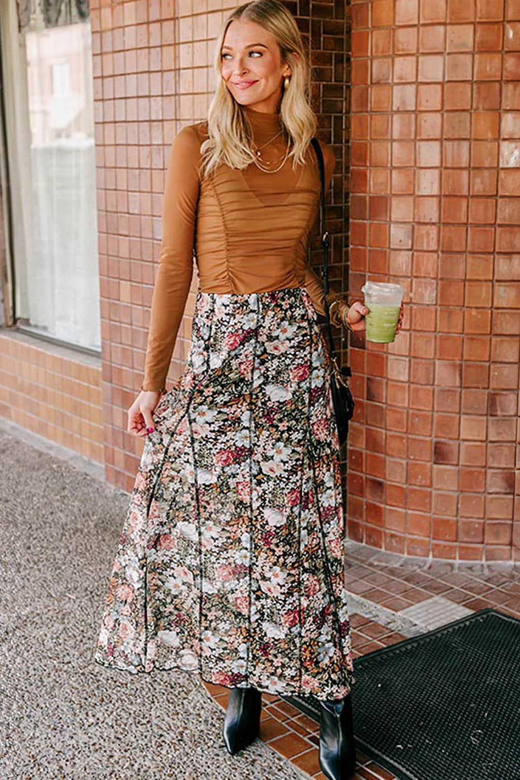 Brown Floral Print High Waist Maxi Skirt - enhanced image 5
