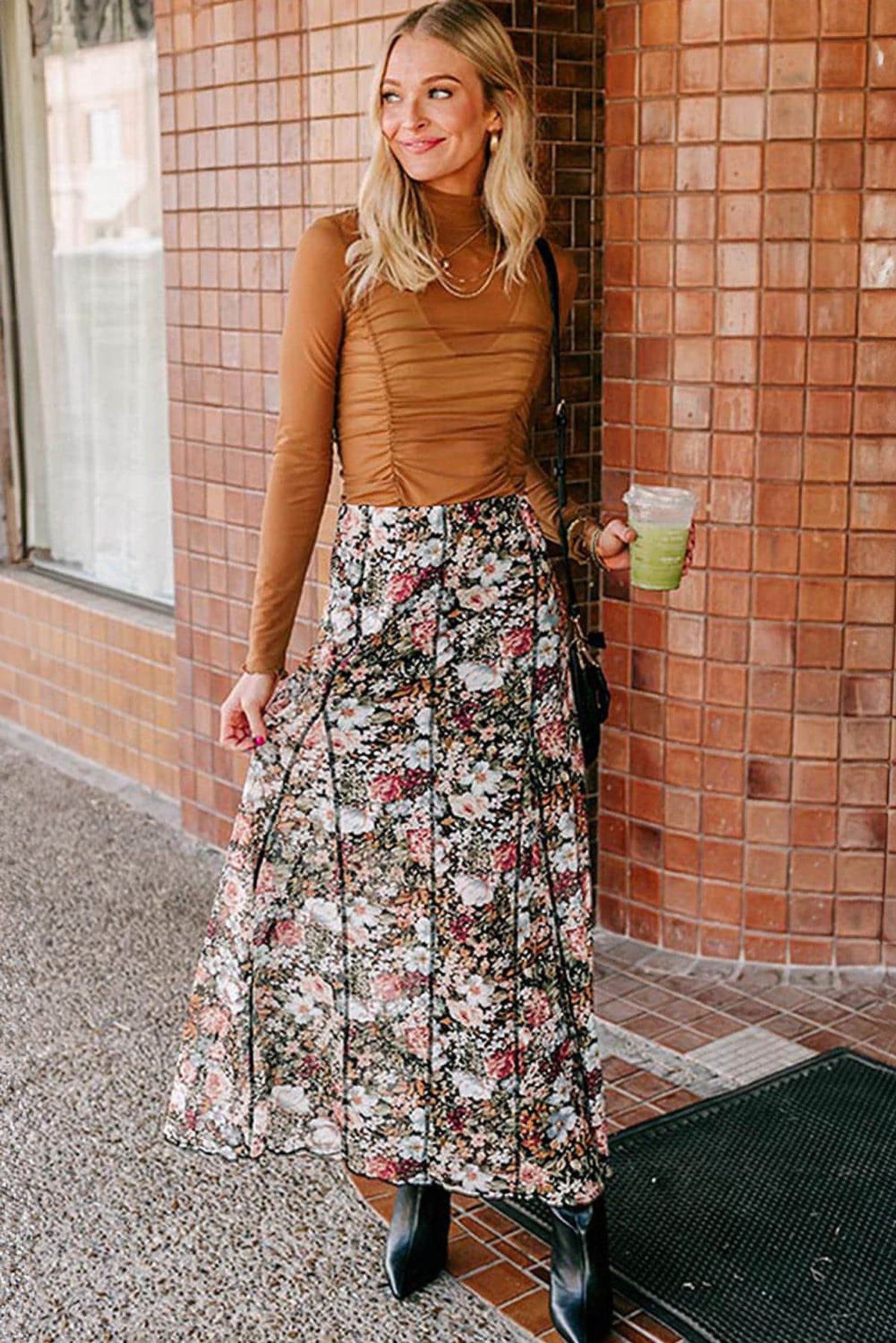 Brown Floral Print High Waist Maxi Skirt - enhanced image 5