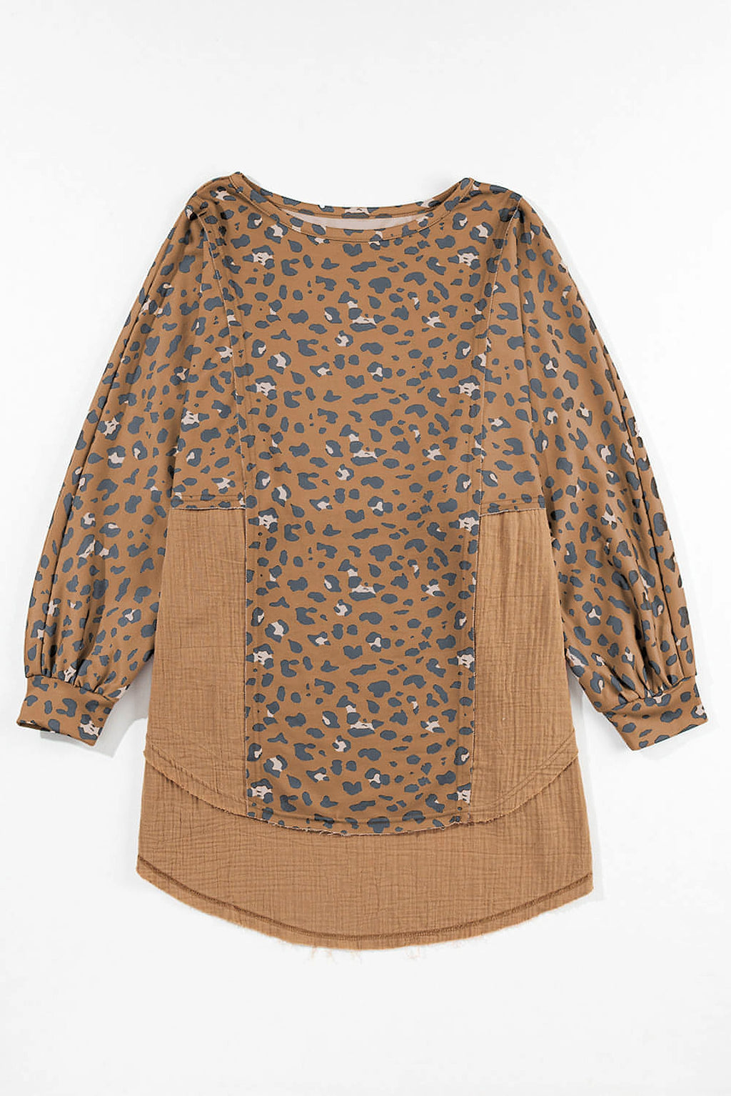 Brown Printed Raw Edge Leopard Patchwork Oversized Blouse - enhanced image 5