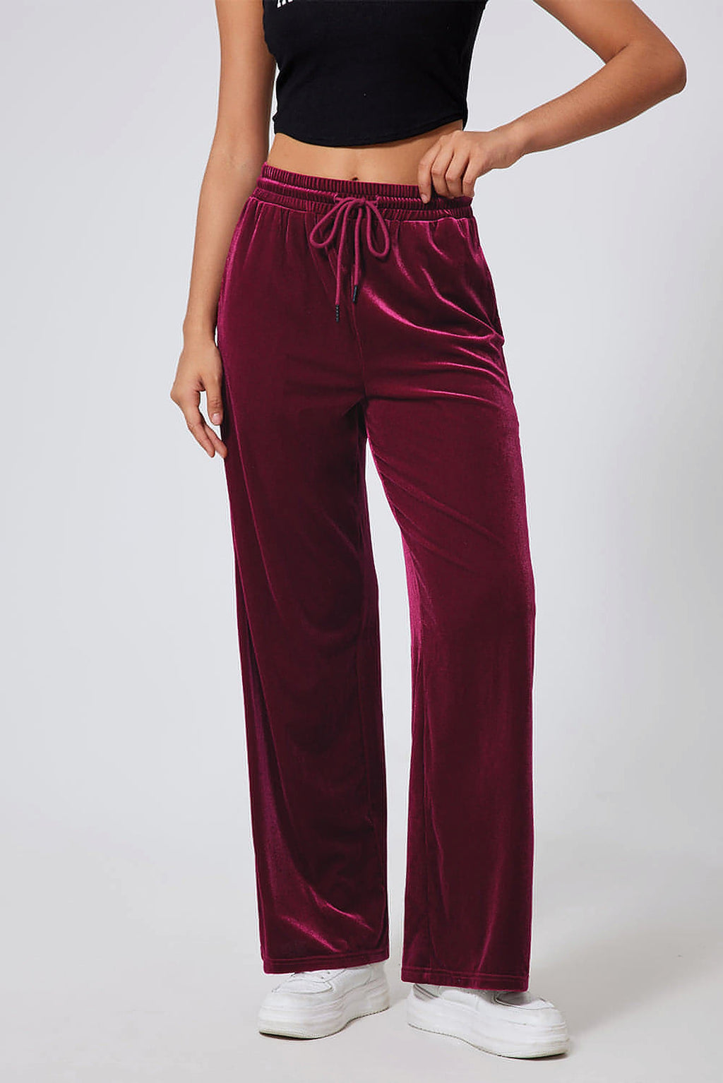 Burgundy Solid Drawstring Waist Wide Leg Pants - enhanced image 5