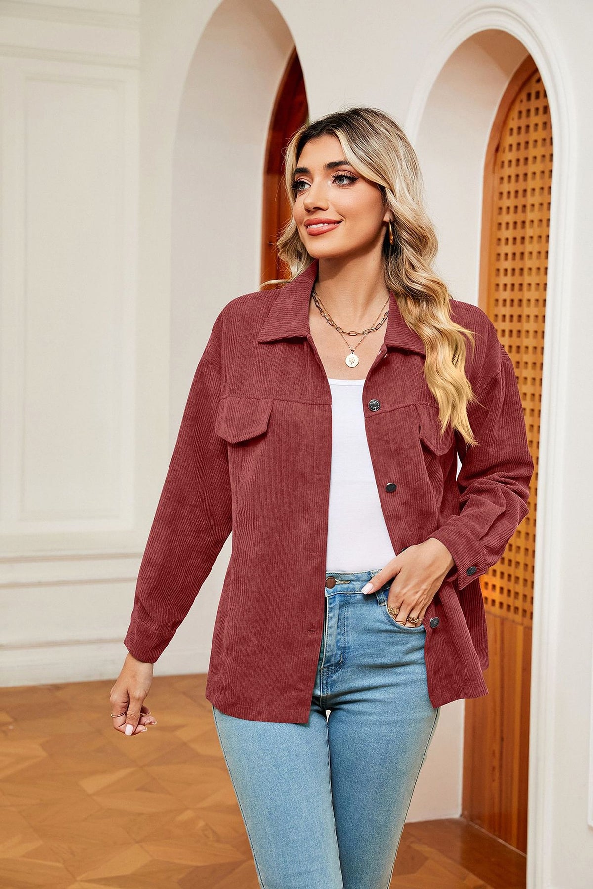 Button Corduroy Long Sleeve Baggy Coat Women's Clothing - enhanced image 5