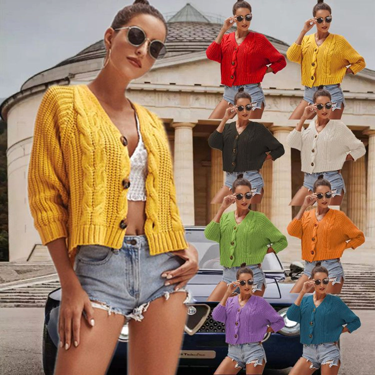 A.1 Button Solid Color Sweaters Short Loose Women - enhanced image 5