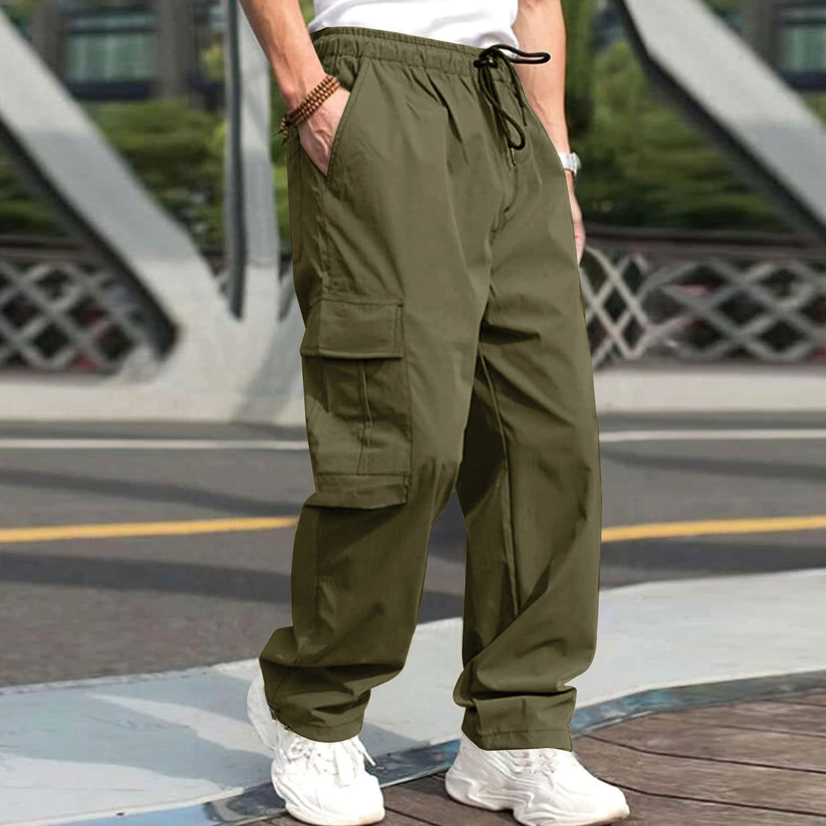 Casual Cargo Pants For Men Loose Straight Drawstring Waist Trousers With Pockets - enhanced image 5