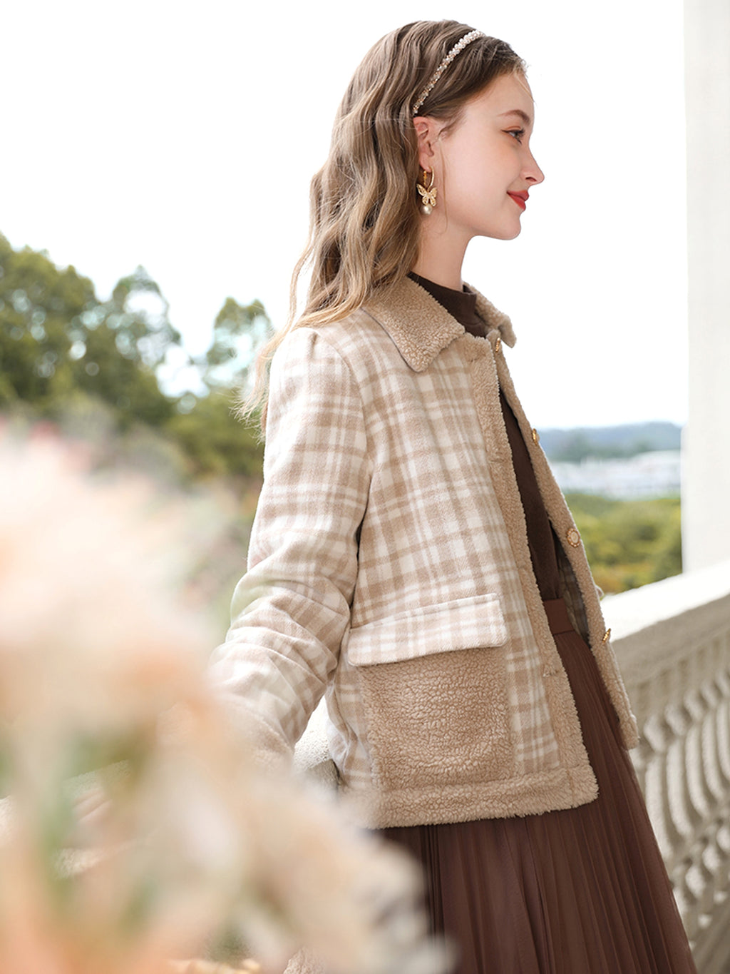 Checkered Lamb Cashmere Patchwork Cotton Jacket For Women - enhanced image 5