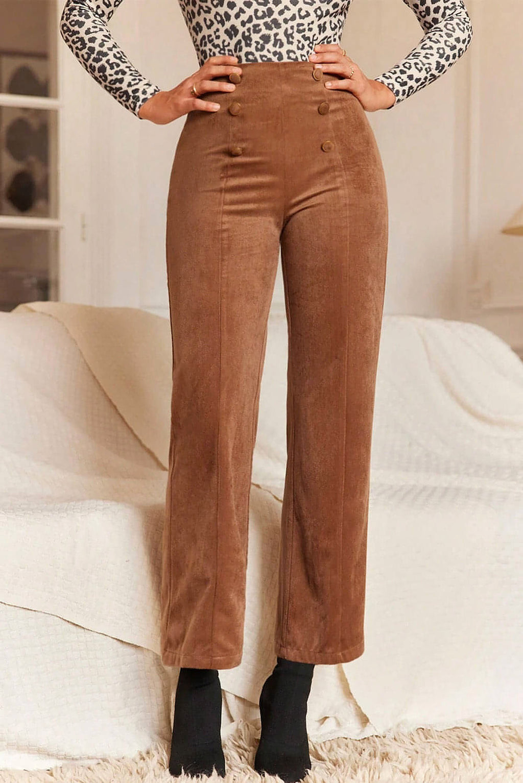Chestnut Solid Color Double Breasted Straight Leg Pants - enhanced image 5