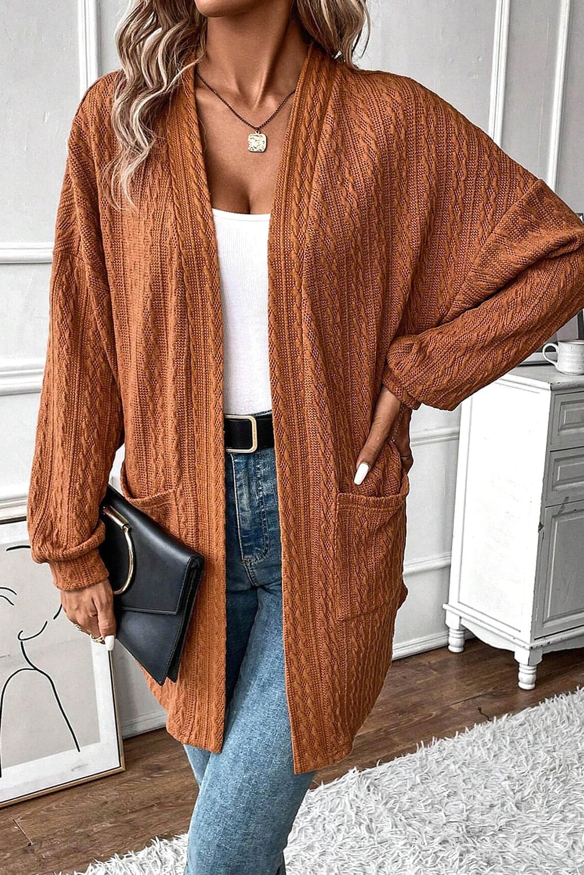 Chestnut Textured Knit Side Pockets Open Front Cardigan - enhanced image 5