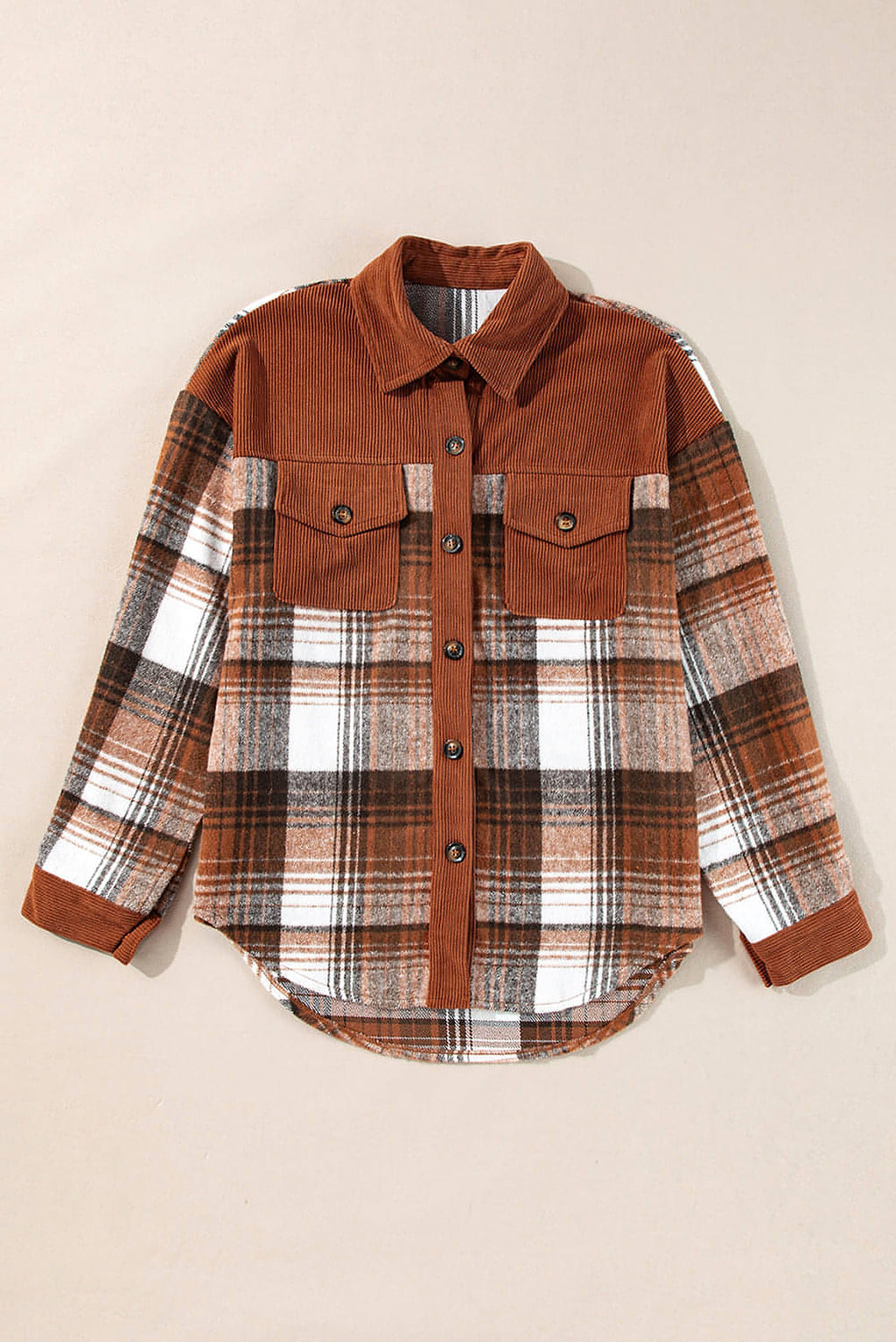 Cinnamon Plaid Corduroy Patchwork Chest Pocket Shacket - enhanced image 5