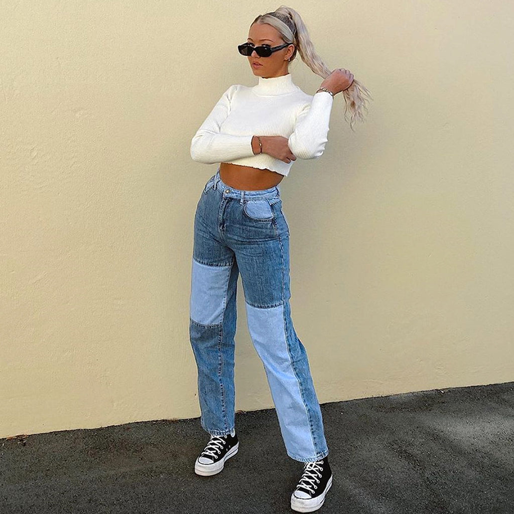 Contrasting Stitching High-rise Straight-leg Jeans Women - enhanced image 5