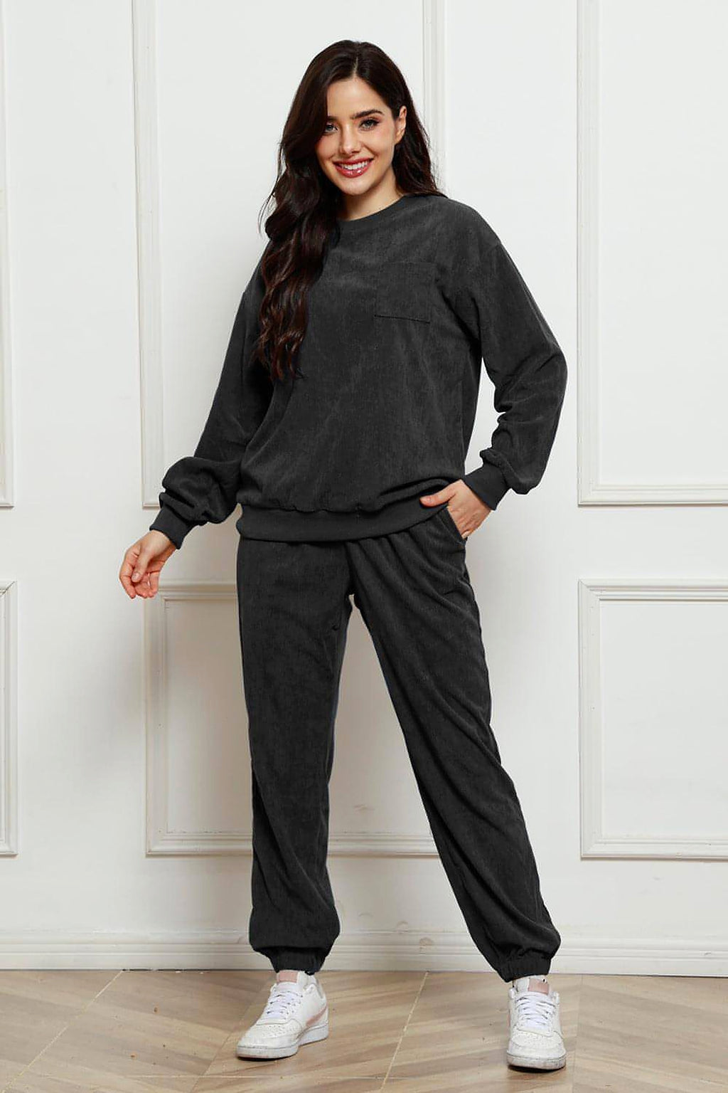 Corduroy Round Neck Sweatshirt and Sweatpants Set - enhanced image 5