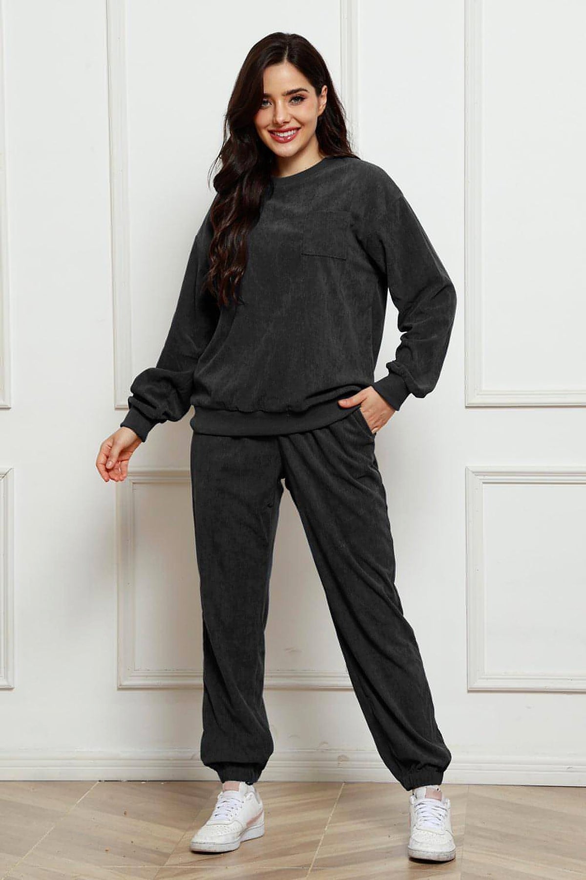Corduroy Round Neck Sweatshirt and Sweatpants Set - enhanced image 5