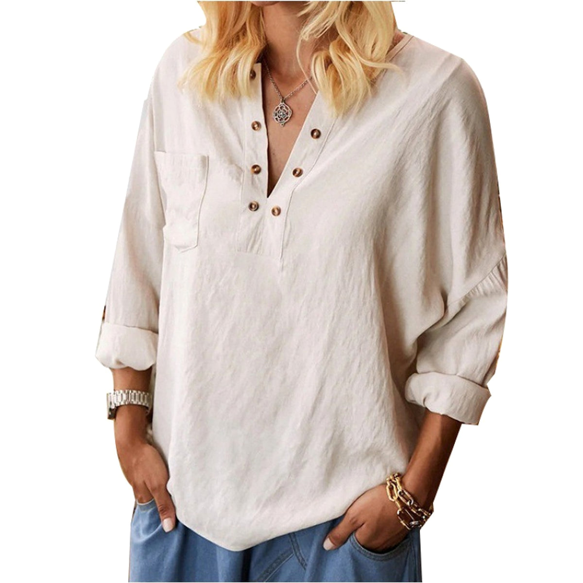 Cotton Linen Long Sleeve Blouse Women's - enhanced image 5