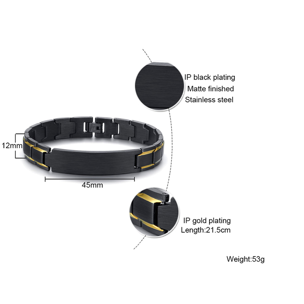 Custom Engraving Heavy Chain Bracelet 12mm Men's Black Matt Finish Curved Bar Charm Bracelet in Stainless Steel - enhanced image 5