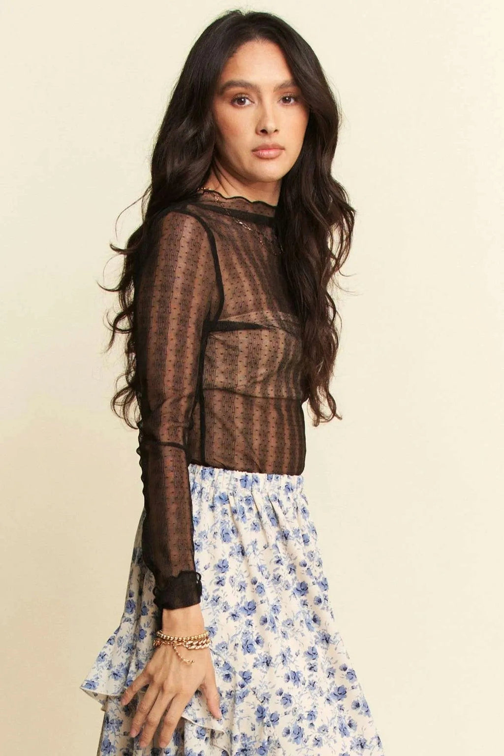 Davi & Dani Turtle Neck Lace Dotted Stretch Mesh Sheer Top - enhanced image 5