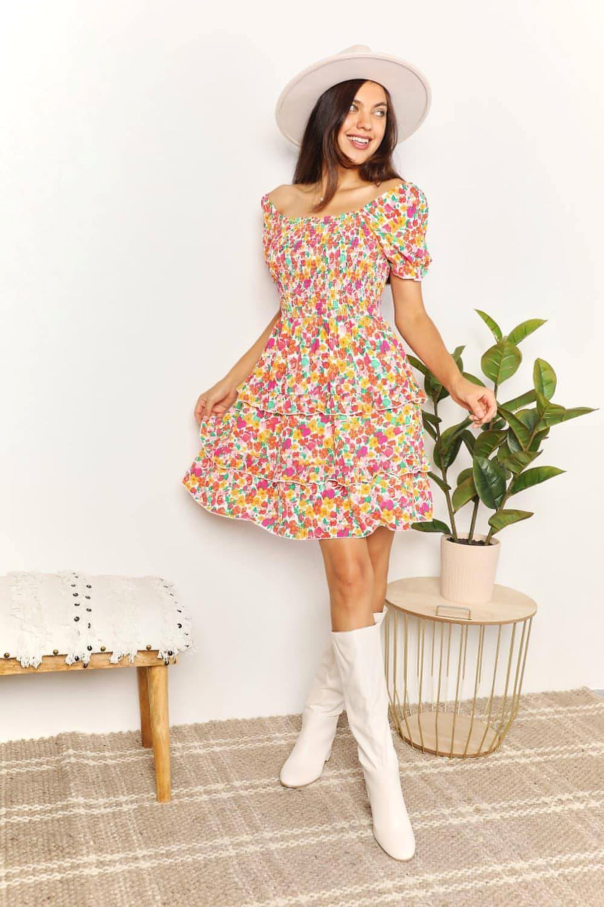 Devine Smocked Sweetheart Neck Flounce Sleeve Mini Dress - enhanced image 5