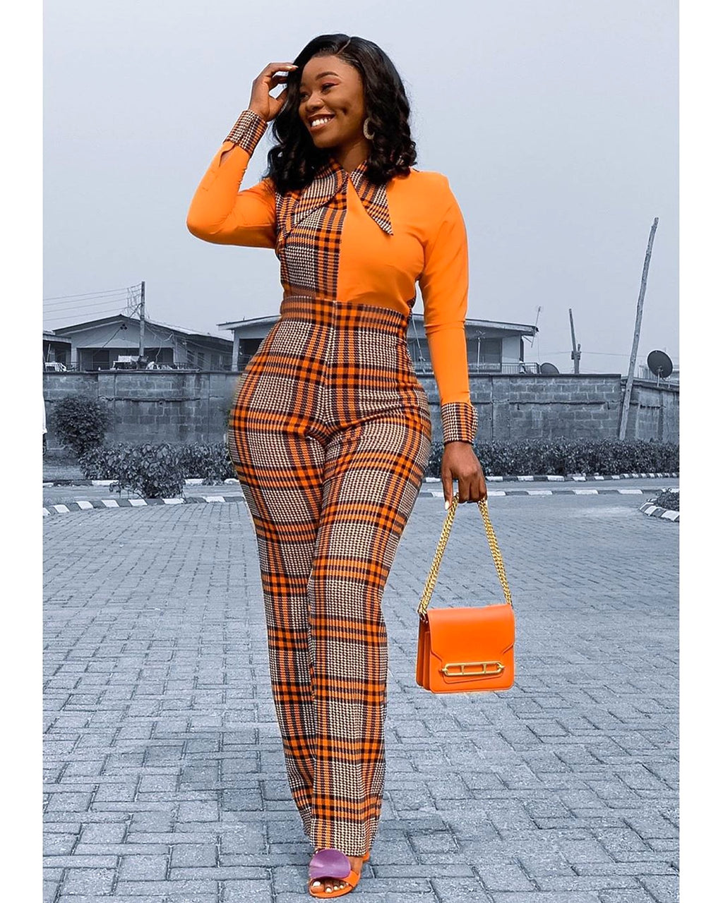 Digital Printing Check Stitching Jumpsuit - enhanced image 5