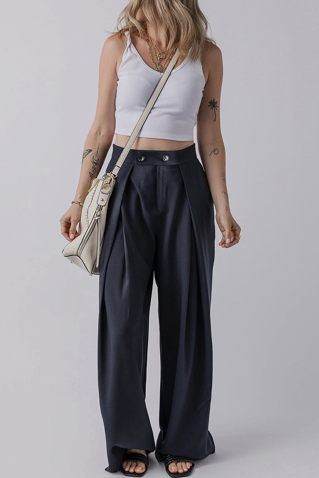 Dirty blue Dual Buttoned High Waist Pleated Wide Leg Pants - enhanced image 5