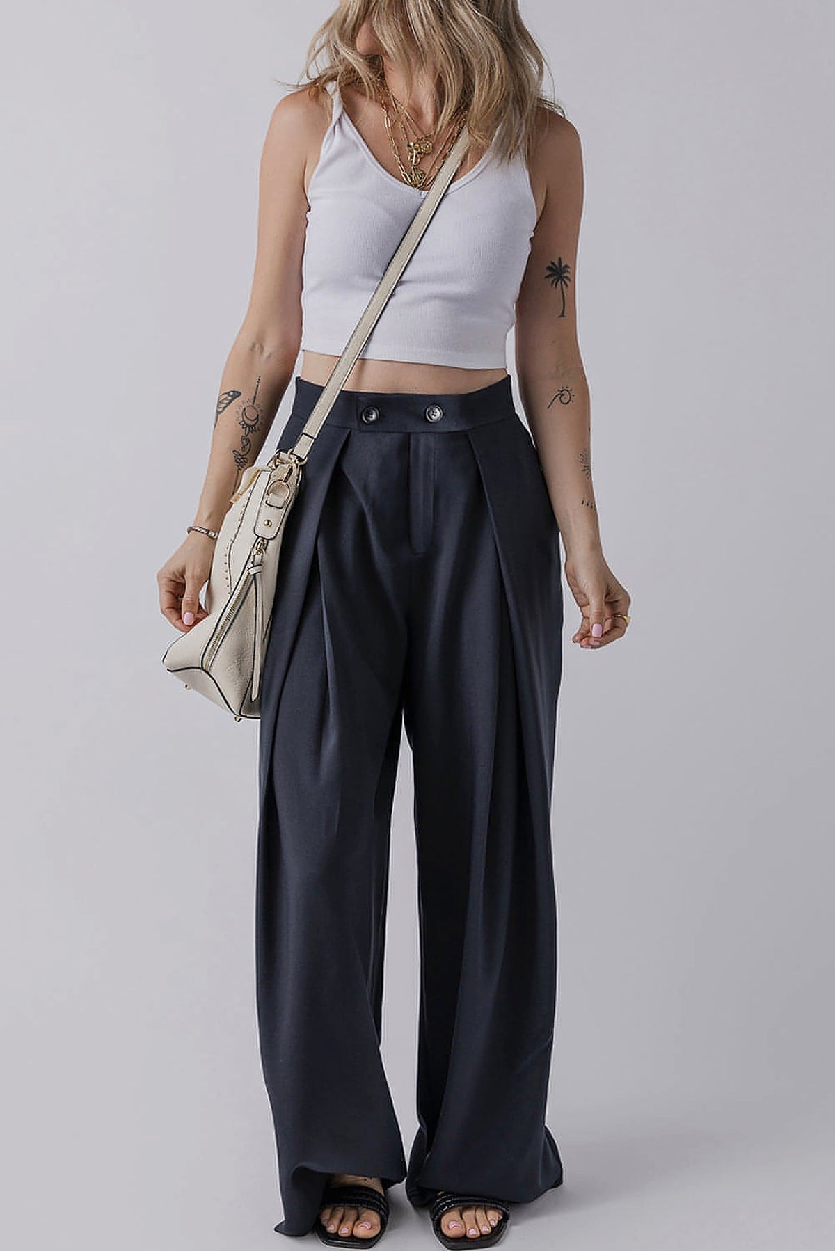 Dirty blue Dual Buttoned High Waist Pleated Wide Leg Pants - enhanced image 5