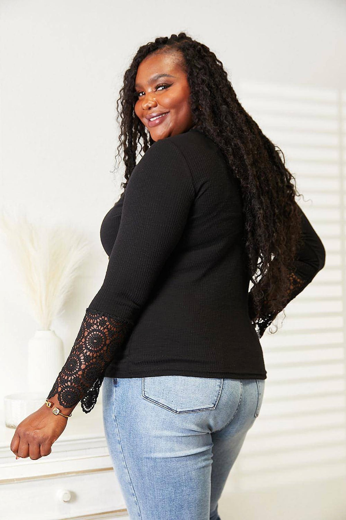 Double Take Crochet Lace Hem Sleeve Button Top - enhanced image 5