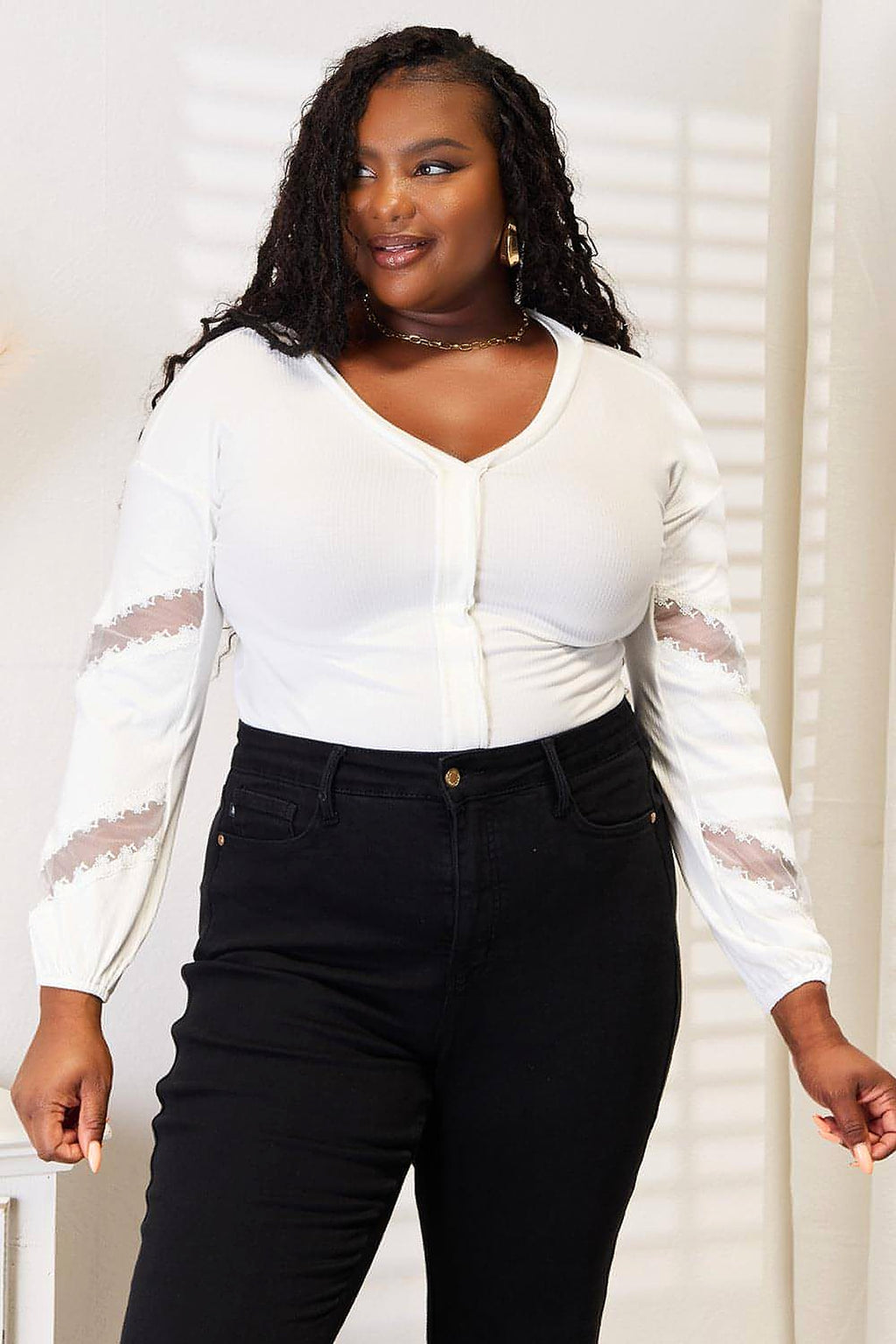 Double Take V-Neck Dropped Shoulder Blouse - enhanced image 5