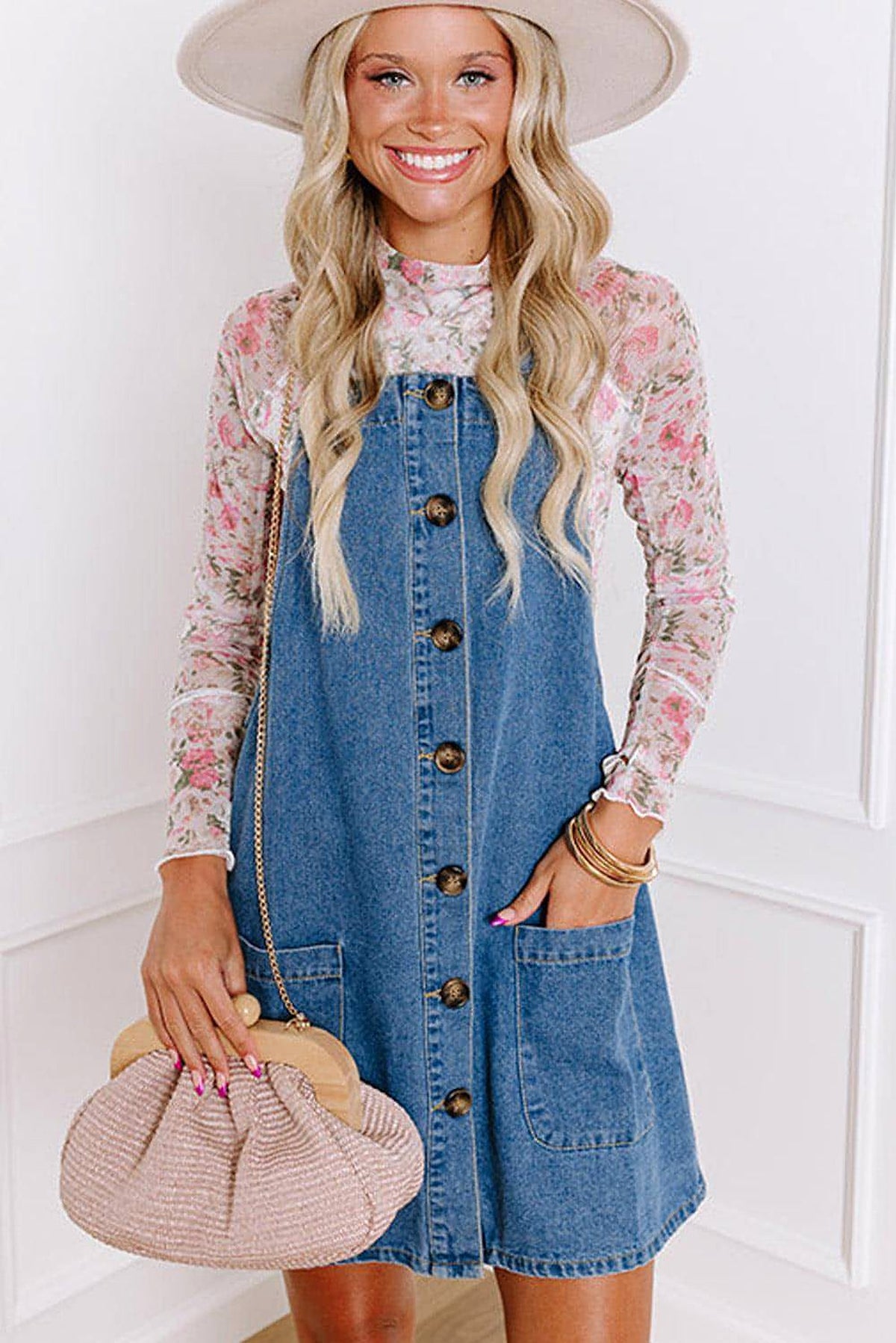 Dusk Blue Wide Strap Button Front Pocketed Denim Mini Dress - enhanced image 5