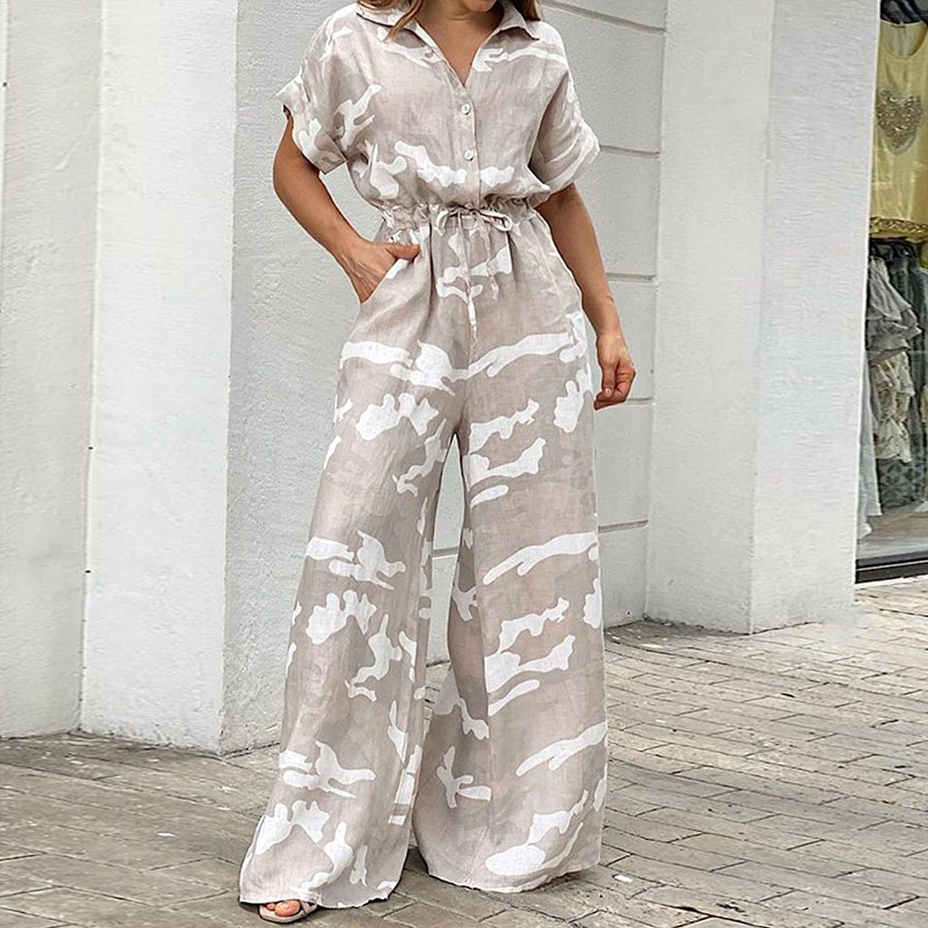 Fashion Polo Collar Printed Button Lace-up Jumpsuit - enhanced image 5