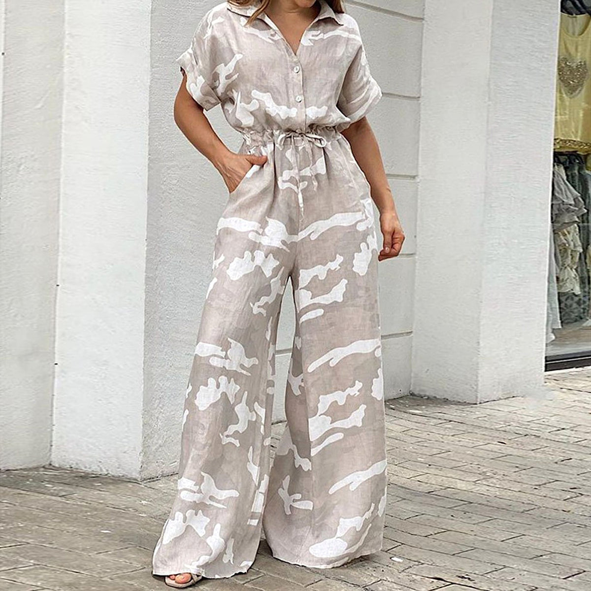 Fashion Polo Collar Printed Button Lace-up Jumpsuit - enhanced image 5