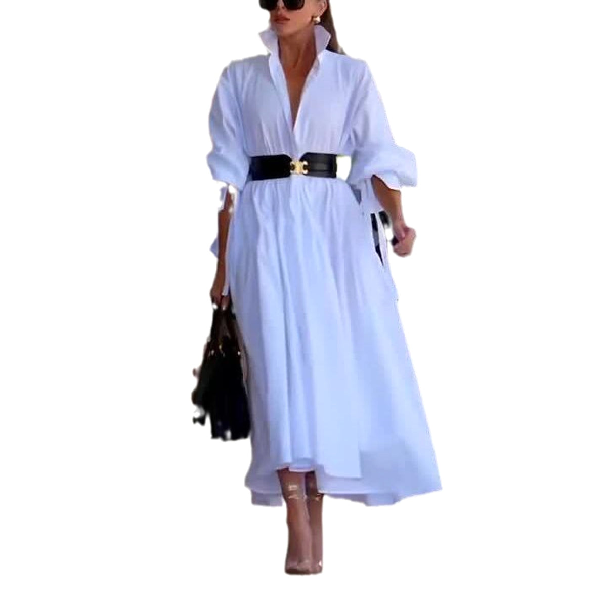 Fashion Pure White Lapel Belt Dress - enhanced image 5